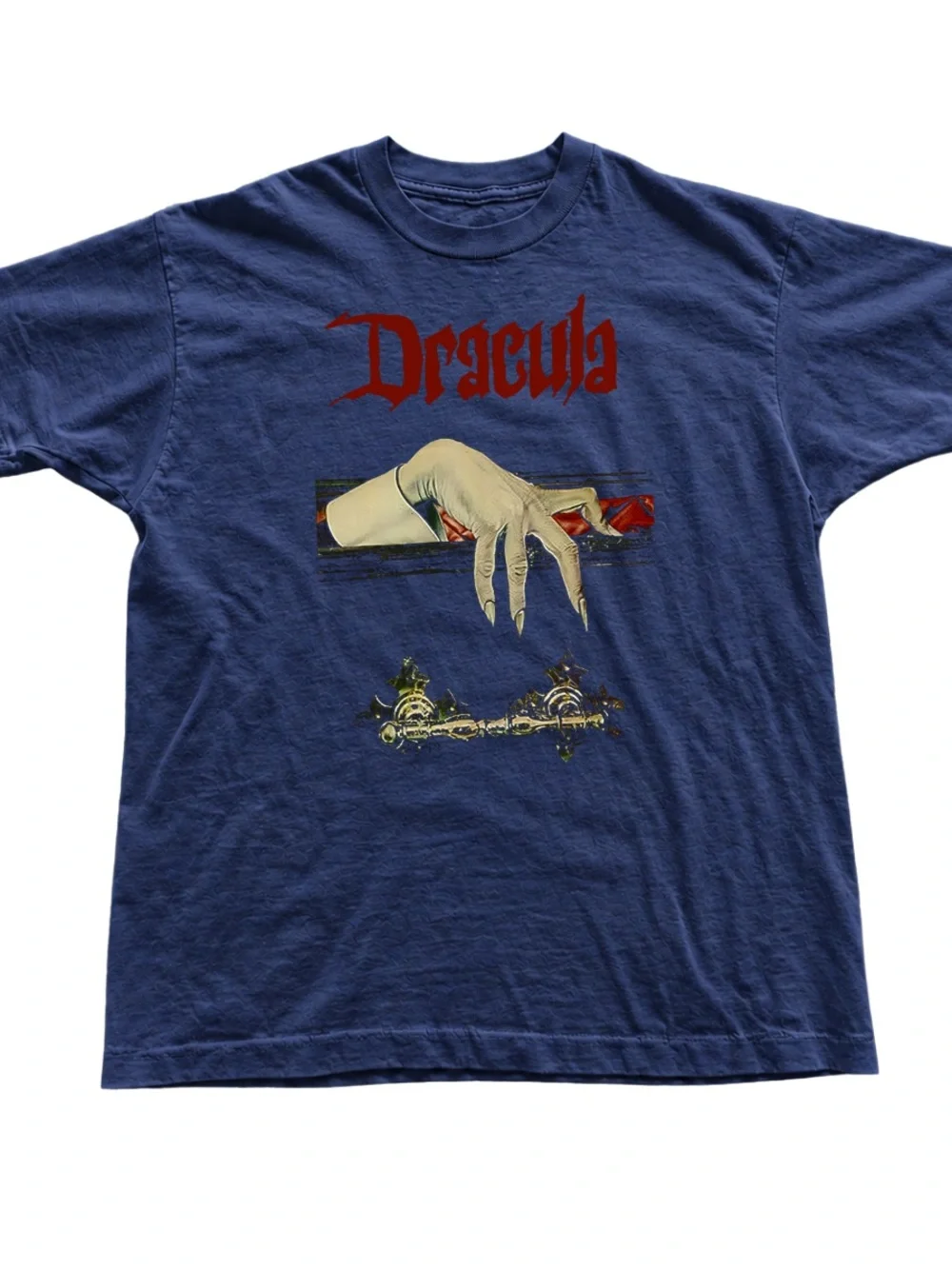 Navy Blue Dracula Graphic Tee with Red Text